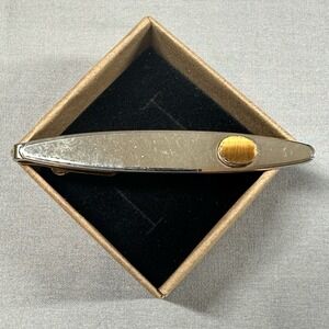 Vintage Swank Gold-Tone Tie Clip Bar w/ Amber Stone 1960s–70s‎ USA